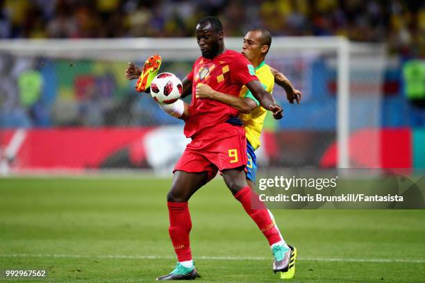 Romelu Lukaku of Belgium is challenged by Miranda of Brazil during the 2018 FIFA World Cup Russia Quarter Final match between Brazil and Belgium at...