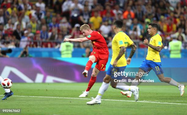 Kevin De Bruyne of Belgium scores his team's second goal during the 2018 FIFA World Cup Russia Quarter Final match between Brazil and Belgium at...
