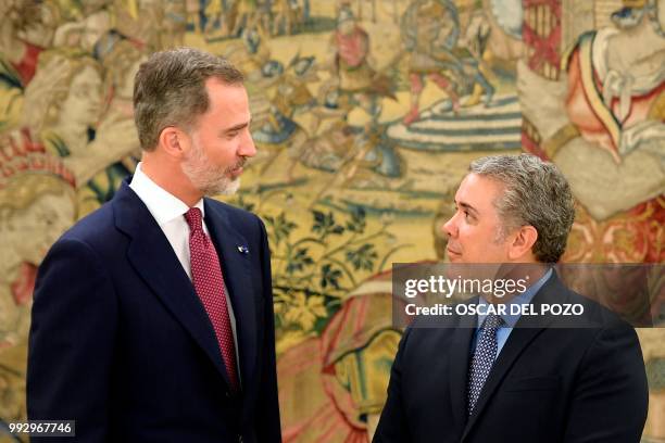 Colombian president-elect Ivan Duque meets Spanish King Felipe VI at La Zarzuela palace in Madrid on July 06, 2018.