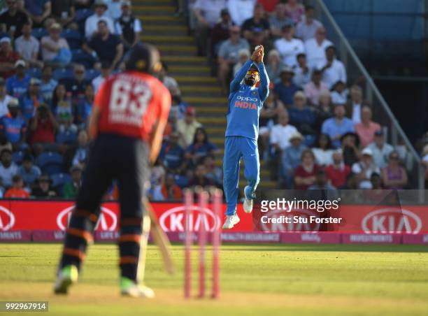 India fielder Virat Kohli drops a catch off Jos Buttler during the 2nd Vitality T20 International between England and India at Sophia Gardens on July...