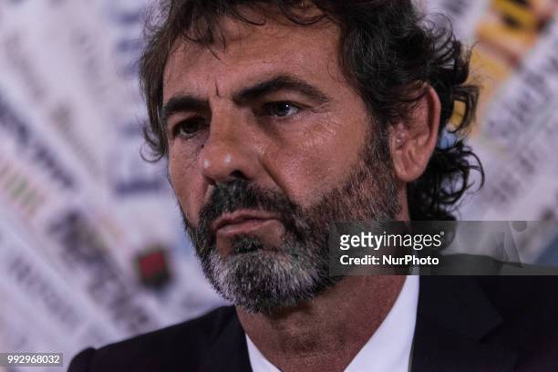 Oscar Camps, founder of Proactiva Open Arms, a Spanish NGO which specialized in search and rescue operations at sea, talks to reporters during a...