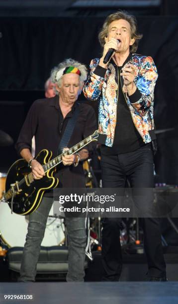June 2018, Stuttgart, Germany: Singer Mick Jagger and guitarist Keith Richards perform during a concert of the Rolling Stones during their European...