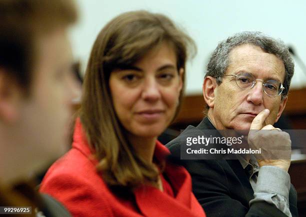 Stan Greenburg, an advisor to the Kerry campaign and pollster, with The Israel Project president Jennifer Laszlo Mizrahi, watches pollster Frank...