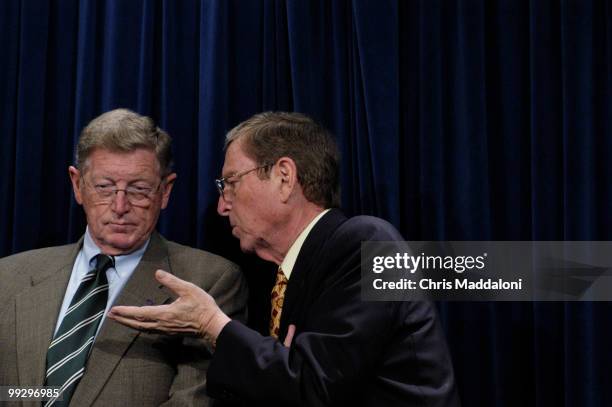 Sen. Conrad Burns, R-Mt., and Sen. Pete Domenici, R-NM, at a press conference to support up-or-down votes for judges, which could trigger the nuclear...