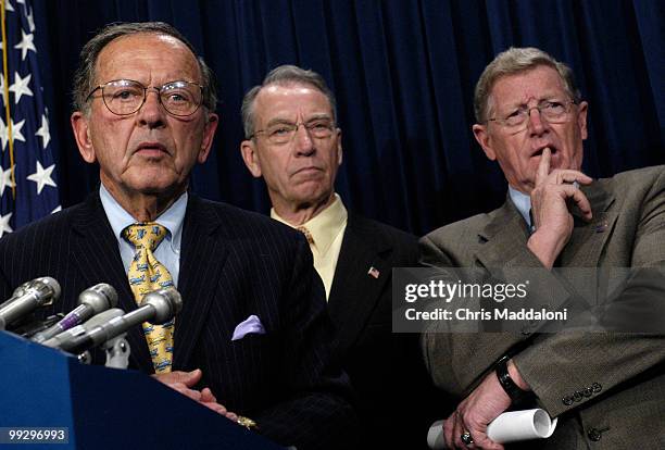 Sen. Ted Stevens, R-Ak., Sen. Chuck Grassley, R-Ia., and Conrad Burns, R-Mt., at a press conference to support up-or-down votes for judges, which...