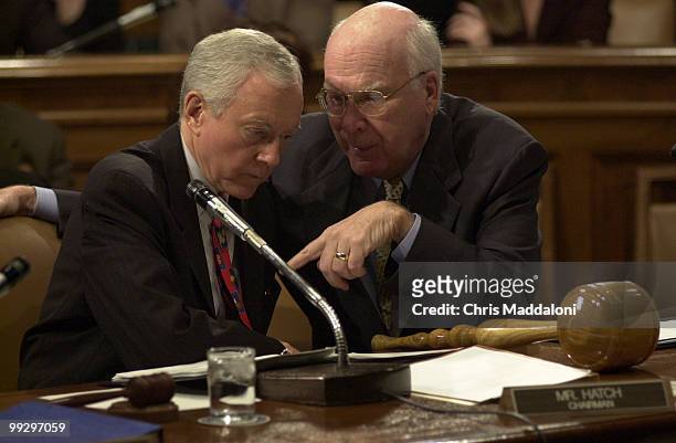 Sen. Patrick Leahy, D-Vt., gives Sen. Orrin Hatch, R-Ut., a bigger gavel for replacing him as the Chairman at the Senate Judiciary Committee Pending...