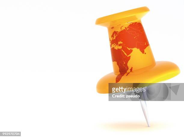push pin with a map of europe and asia, 3d rendering - push pin stock-grafiken, -clipart, -cartoons und -symbole