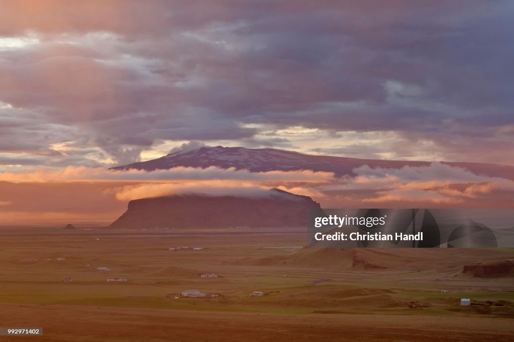Eyjafjallajoekull at sunset, Dyrholaey, Vik i Myrdal, Southern Region, Iceland