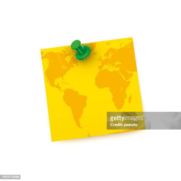 note with a push pin, map of america and asia, 3d rendering - push pin stock-grafiken, -clipart, -cartoons und -symbole