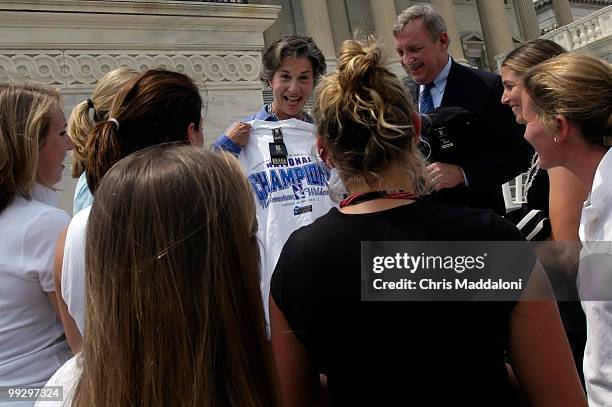 Rep. Jan Schakowsky, D-Il., and Sen. Dick Durbin, D-Il., greet the Northwestern woman's lacrosse team, the national champions, before their tour of...