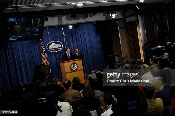 Special Counsel Patrick Fitzgerald and Special Agent John Eckenrode speak to the press about indictments from a CIA leak at the Department of...