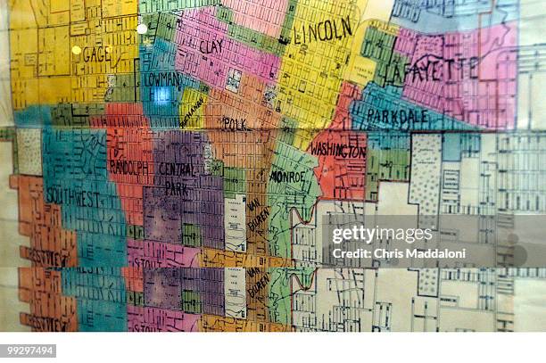 Map of the 1956 school district by race in Topeka, Ks., from the implementation arguments in Brown v. Board of Education, part of the new exhibit at...