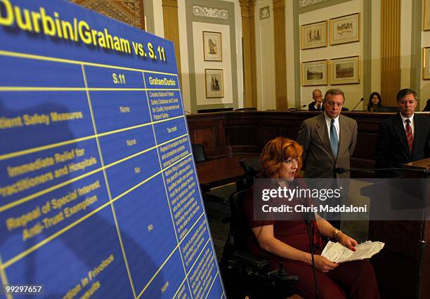 Sherry Keller, a victim of medical malpractice, speaks at a press conference with Sen. Lindsey Graham, R-SC, and Sen. Dick Durban, D-Ill, in support...