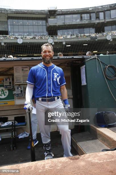 Alex Gordon of the Kansas City Royals stands in the dugout prior to the game against the Oakland Athletics at the Oakland Alameda Coliseum on June 9,...