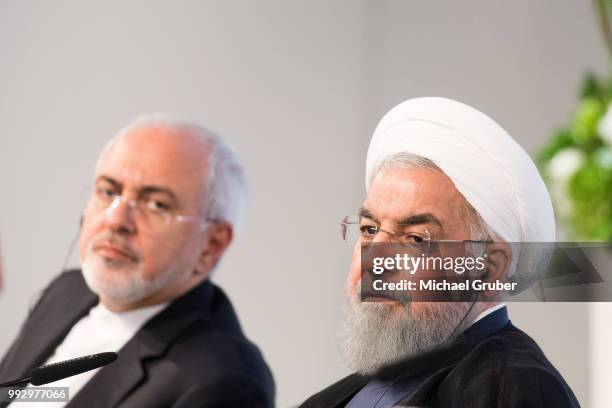 Iranian President Hassan Rouhani and Mohammad Javad Zarif, Iran's foreign secretary, at the Austrian Chamber of Commerce on July 4, 2018 in Vienna,...