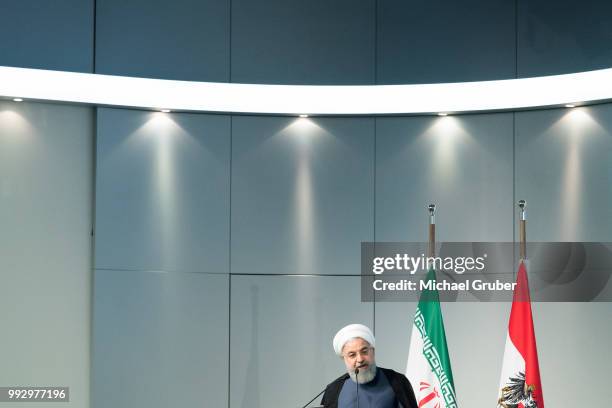 Iranian President Hassan Rouhani speaks at the Austrian Chamber of Commerce on July 4, 2018 in Vienna, Austria. Rouhani is on a one-day visit to...