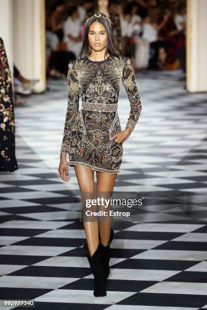 Model Cindy Bruna walks the runway during the Zuhair Murad Haute Couture Fall Winter 2018/2019 show as part of Paris Fashion Week on July 4, 2018 in...