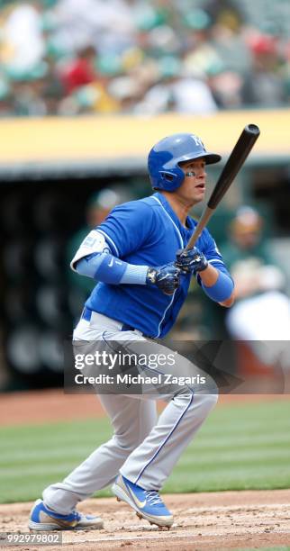 Ryan Goins of the Kansas City Royals bats during the game against the Oakland Athletics at the Oakland Alameda Coliseum on June 9, 2018 in Oakland,...