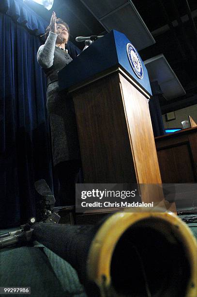 Sen. Barbara Boxer, D-Ca., speaks next to a Redeye shoulder-aimed missile launcher, an example of the kinds in the hands of terrorists. Sen. Chuck...