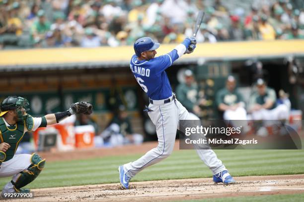 Paulo Orlando of the Kansas City Royals bats during the game against the Oakland Athletics at the Oakland Alameda Coliseum on June 9, 2018 in...