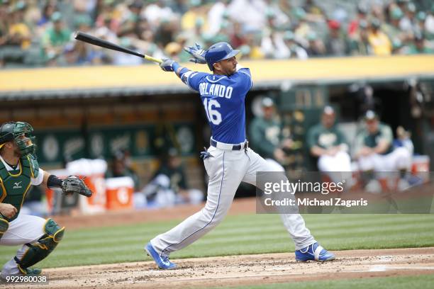 Paulo Orlando of the Kansas City Royals bats during the game against the Oakland Athletics at the Oakland Alameda Coliseum on June 9, 2018 in...