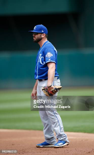 Mike Moustakas of the Kansas City Royals stands on the field during the game against the Oakland Athletics at the Oakland Alameda Coliseum on June 9,...