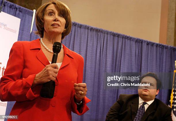 House Minority Leader Nancy Pelosi, D-Ca., with Havard studnet leader Jonathan Chavez at the Next Generation Democratic Summit, where over 250 young...