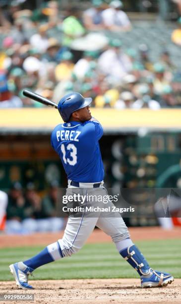 Salvador Perez of the Kansas City Royals bats during the game against the Oakland Athletics at the Oakland Alameda Coliseum on June 9, 2018 in...