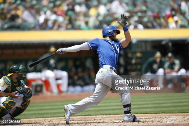 Alex Gordon of the Kansas City Royals bats during the game against the Oakland Athletics at the Oakland Alameda Coliseum on June 9, 2018 in Oakland,...