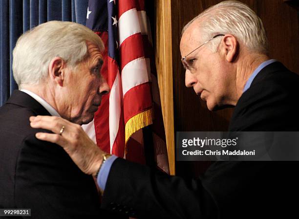 Rep. Frank Wolf, R-Va. , and Rep. Christopher Shays, R-Ct., speak together after a press conference where they called for a larger investigation into...