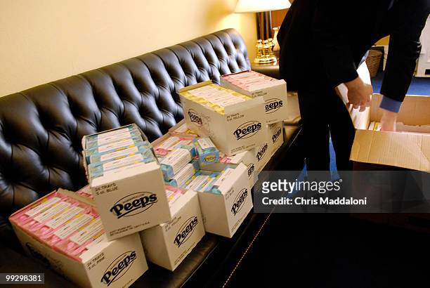 Staffers in Rep. Jeff Flake's office unload packages of Marshmallow Peep candies to be delivered to every Hill office on Tuesday, April 25, as...