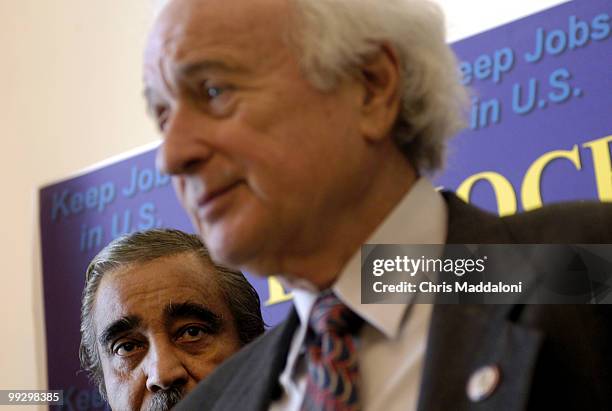 Rep. Charles Rangel, D-N.Y., watches Rep. Sander Levin, D-Mi., speak about the House Democrats manufacturing jobs bill discharge petition.