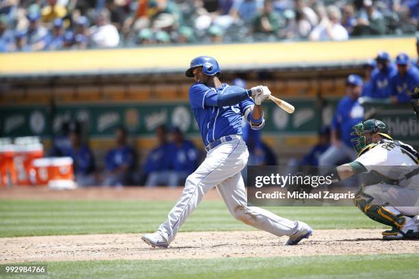 Alcides Escobar of the Kansas City Royals bats during the game against the Oakland Athletics at the Oakland Alameda Coliseum on June 9, 2018 in...