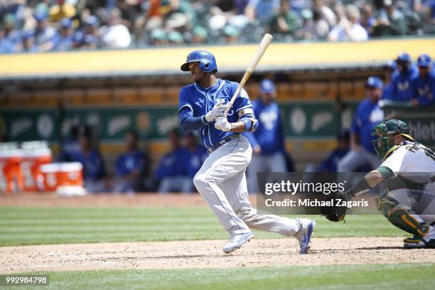 Alcides Escobar of the Kansas City Royals bats during the game against the Oakland Athletics at the Oakland Alameda Coliseum on June 9, 2018 in...