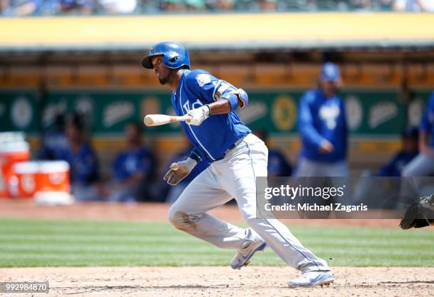 Alcides Escobar of the Kansas City Royals bats during the game against the Oakland Athletics at the Oakland Alameda Coliseum on June 9, 2018 in...