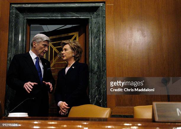Chairman John Warner, R-Va., and Sen. Hillary Clinton, D-NY, at a Senate Armed Services Committee briefing on national security implications of the...