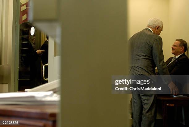 Sen. Frank Lautenberg, D-NJ, and Sen. Bob Menendez, D-NJ, prepare to speak at a press conference about the Dubai port deal and the need for gretaer...