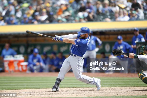 Alex Gordon of the Kansas City Royals hits a home run during the game against the Oakland Athletics at the Oakland Alameda Coliseum on June 9, 2018...