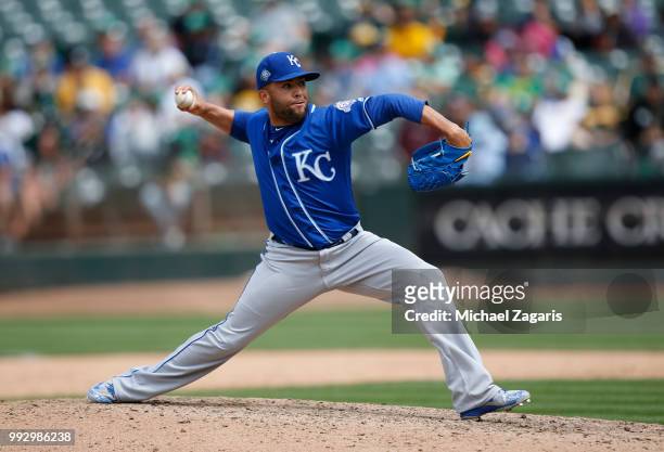 Kelvin Herrera of the Kansas City Royals pitches during the game against the Oakland Athletics at the Oakland Alameda Coliseum on June 9, 2018 in...