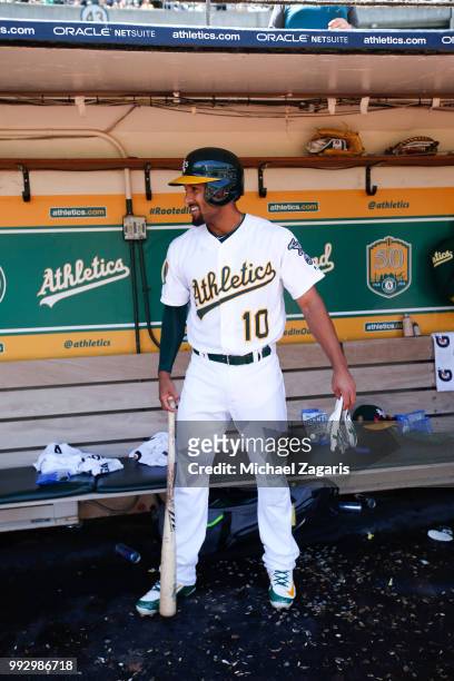 Marcus Semien of the Oakland Athletics stands in the dugout during the game against the Kansas City Royals at the Oakland Alameda Coliseum on June 9,...