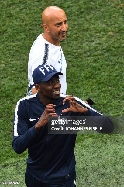 France's midfielder Blaise Matuidi greets the fans after the Russia 2018 World Cup quarter-final football match between Uruguay and France at the...