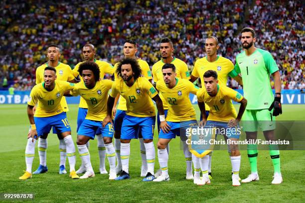 The Brazil team line up before the 2018 FIFA World Cup Russia Quarter Final match between Brazil and Belgium at Kazan Arena on July 6, 2018 in Kazan,...