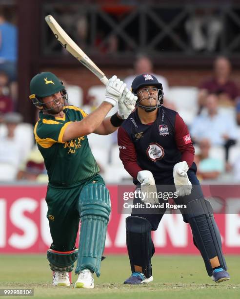 Dan Christian of Nottinghamshire hits the ball for six runs during the Vitality Blast match between Northamptonshire Steelbacks and Nottinghamshire...