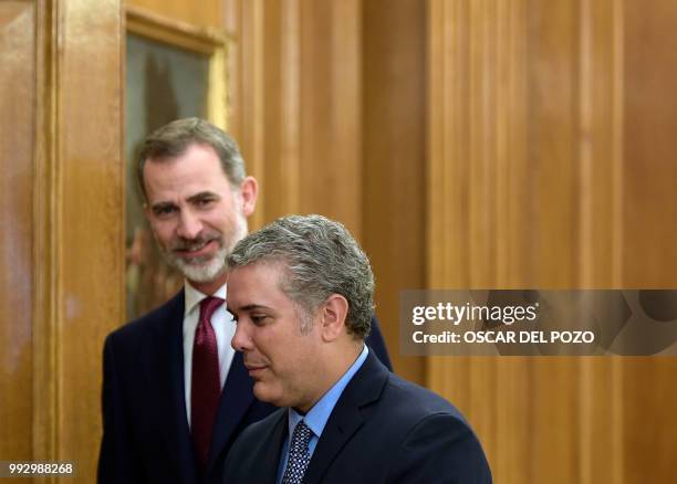 Colombian president-elect Ivan Duque meets Spanish King Felipe VI at La Zarzuela palace in Madrid on July 06, 2018.