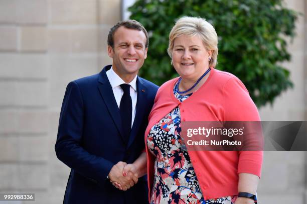 French President Emmanuel Macron receives Norwegian Prime Minister Erna Solberg at the Elysee Palace on February 27, 2018 in Paris, France. Solberg...