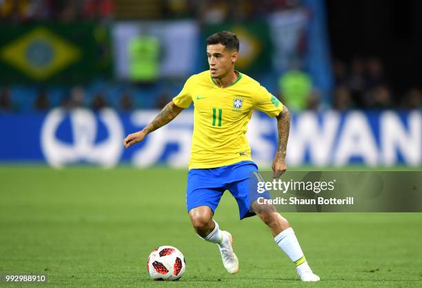 Philippe Coutinho of Brazil runs with the ball during the 2018 FIFA World Cup Russia Quarter Final match between Brazil and Belgium at Kazan Arena on...