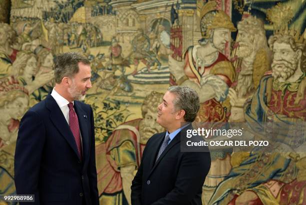 Colombian president-elect Ivan Duque meets Spanish King Felipe VI at La Zarzuela palace in Madrid on July 06, 2018.