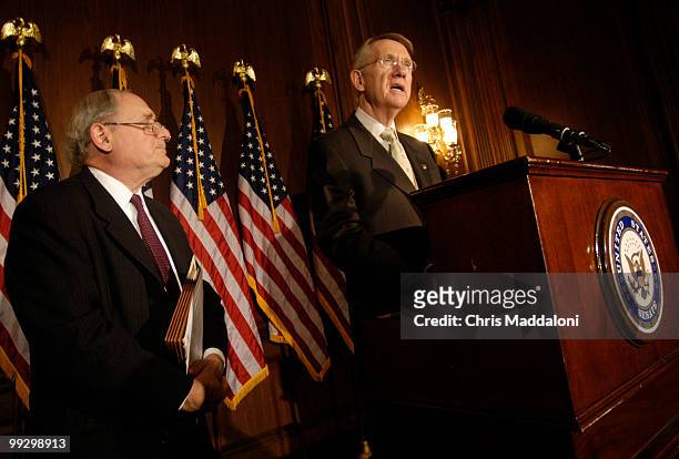 Sen. Carl Levin, D-Mi., and Senate Minority Leader Harry Reid, D-Nv., at a press conference to discuss the Defense Authorization bill and their...