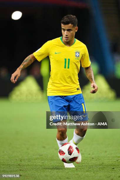 Philippe Coutinho of Brazil in action during the 2018 FIFA World Cup Russia Quarter Final match between Brazil and Belgium at Kazan Arena on July 6,...