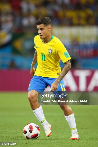 Philippe Coutinho of Brazil in action during the 2018 FIFA World Cup Russia Quarter Final match between Brazil and Belgium at Kazan Arena on July 6,...